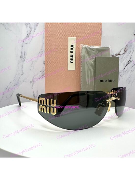 New MIU MIU Sunglasses Gold Dark Gray Lens Runway Wrap Rimless Authentic Miu Miu main image 13